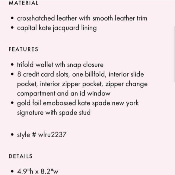 Kate Spade Leather Saffiano Phoenix Mikas Pond Tri-Fold Wallet Color Porcini - Picture 15 of 16